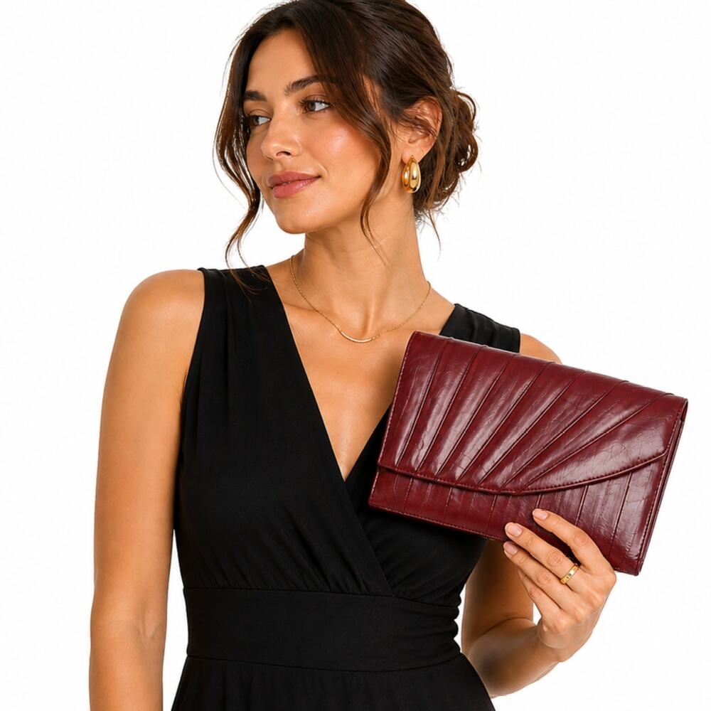 Vintage Eelskin Clutch Burgundy Red Pleated Envelope Evening Bag